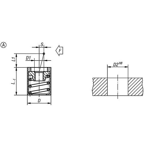 KIPP K0370.31066 LATERAL SPRING PLUNGER, SPRING FORCE WITHOUT THRUST PIN, FORM:A WITHOUT SEAL D=10,  L1=7,5, ALUMINIUM, COMP:STEEL Sale