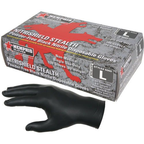 Memphis KB516060L NitriSheild Stealth Gloves – 3 mil Black Nitrile – Industrial/Food Grade – Powder Free – Box of 100 – Size Large on Sale