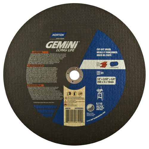 Norton Abrasives MH60100006102 10" x 0.09375" x 5/8" Gemini Stationary Saw Cut-Off Wheel Aluminum Oxide Supply